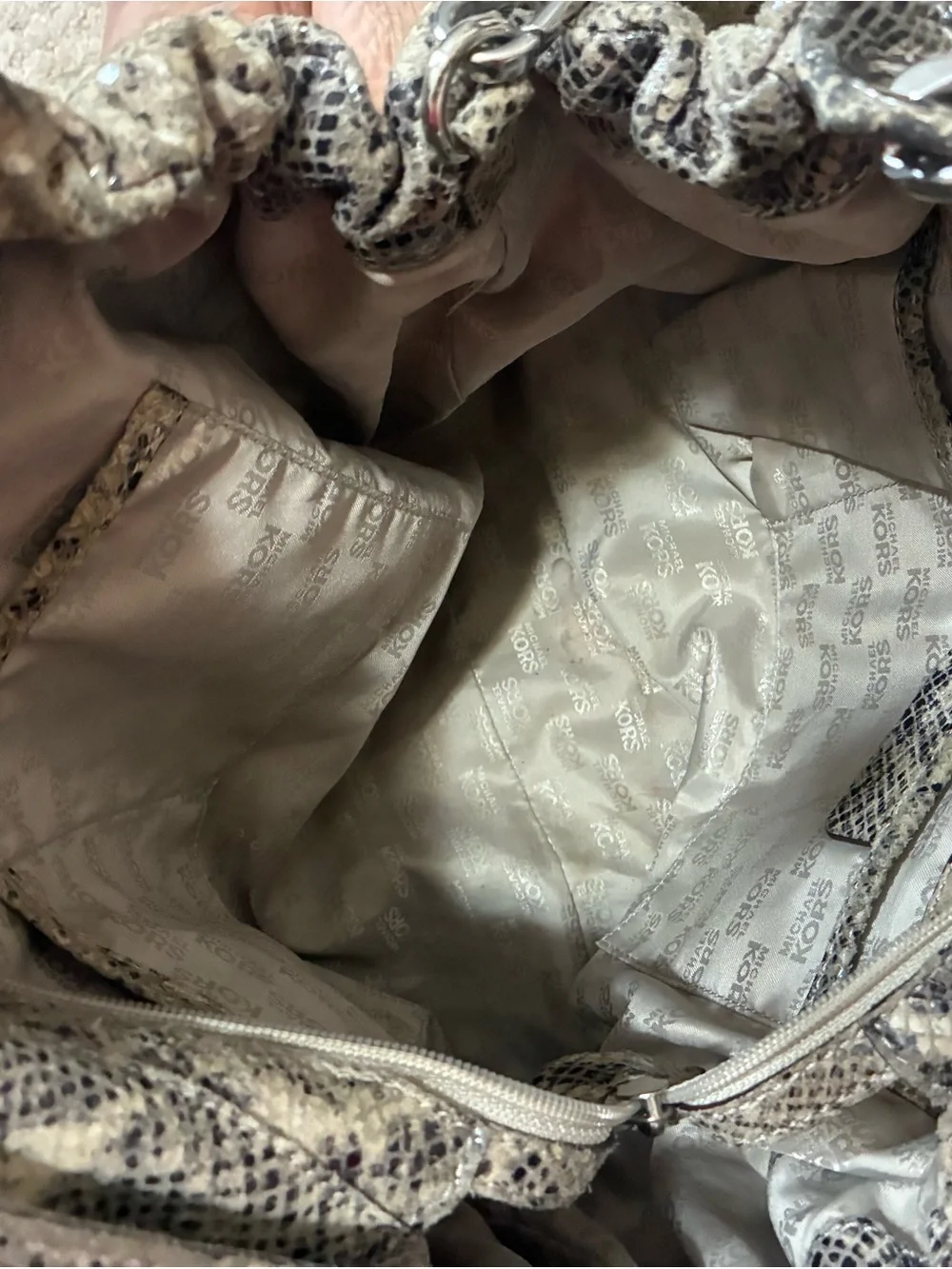 Michael Kors Brown Taupe Snake-Print Shoulder Bag